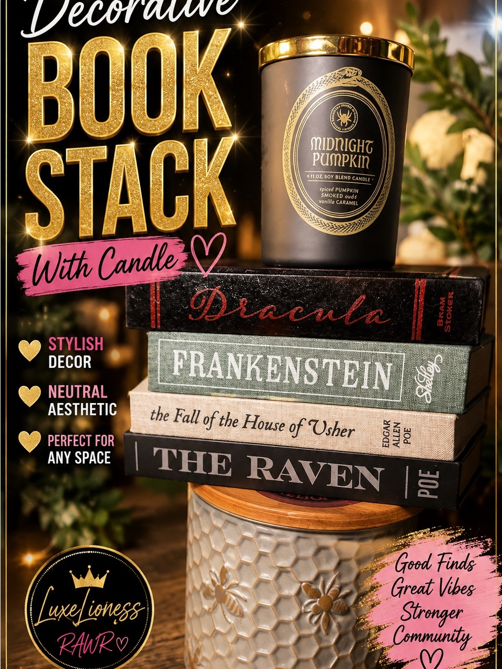 Midnight Pumpkin Black Decorative Book Stack with Candle